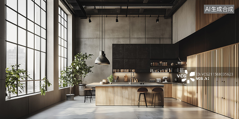 【AI数字艺术】粗粝水泥与复古工业厨房美学图片素材