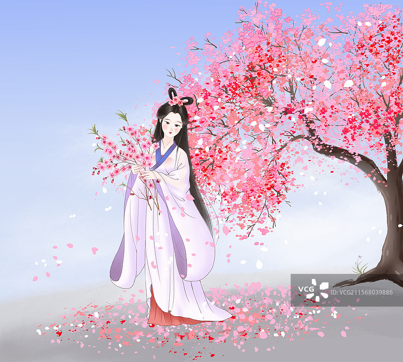 抱花少女人物风景插画图片素材