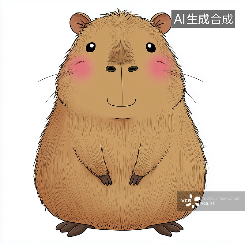 【AI数字艺术】圆润的水豚卡通形象，粉红脸颊，简约线条艺术风格，全身展示，纯白背景图片素材