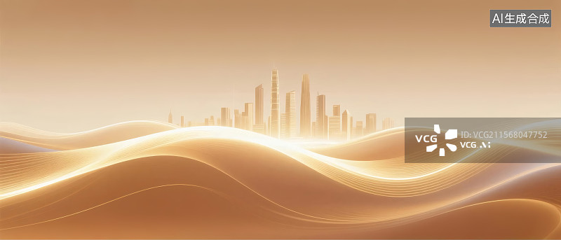 【AI数字艺术】金色山丘中隐约显现的城市天际线，中心高楼突出，背景渐变色柔和图片素材