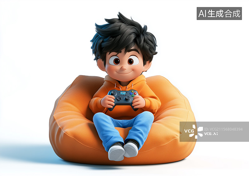 【AI数字艺术】一个男生坐在豆袋沙发上玩电子游戏图片素材