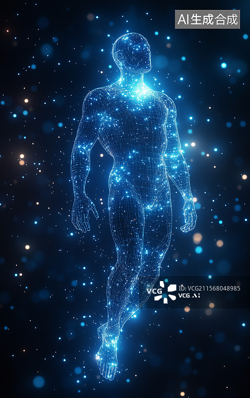 【AI数字艺术】蓝色能量线条组成的人体灵魂图片素材