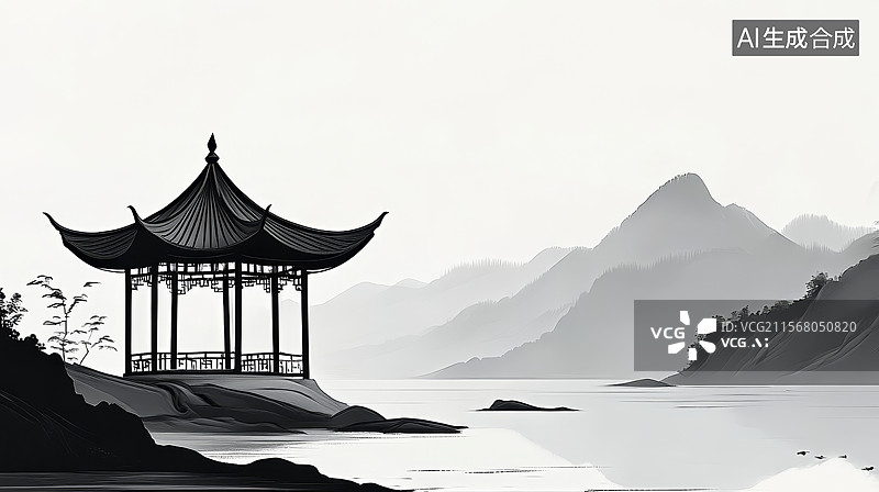 【AI数字艺术】山水画中的亭子图片素材