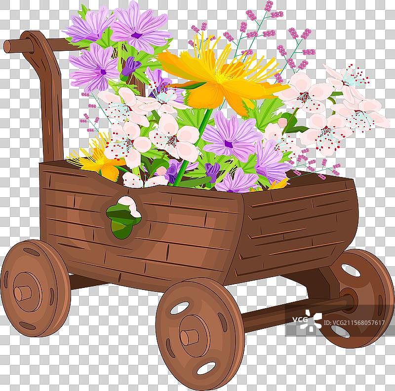 装满鲜花的木制手推车图片素材