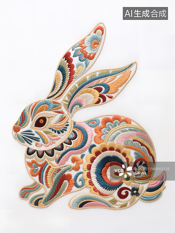 【AI数字艺术】色彩斑斓的刺绣兔子图片素材