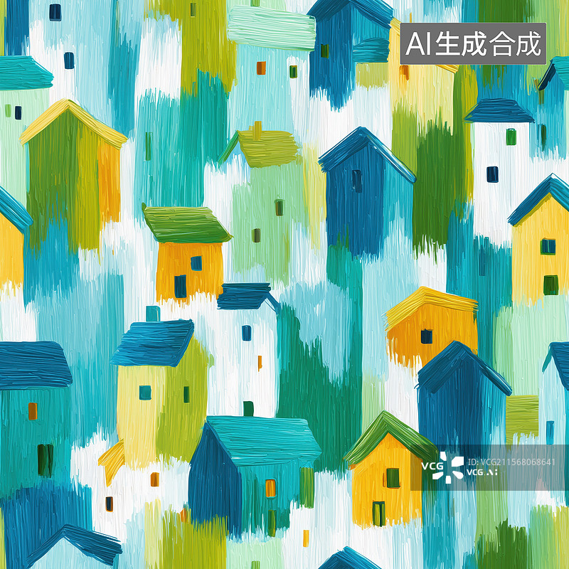【AI数字艺术】手绘油画彩色尖顶房屋四方连续无限循环无缝拼接图案背景图片素材