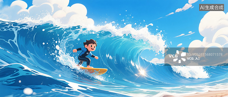 【AI数字艺术】夏天户外冲浪者和蓝天大海海浪等风景3D插画横版图片素材
