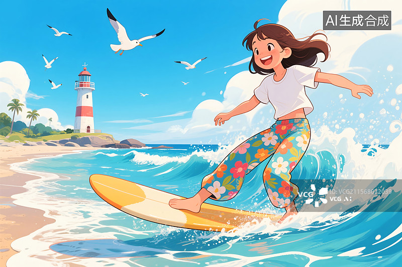 【AI数字艺术】夏天户外冲浪者和蓝天大海海浪海鸥灯塔风景插画横版图片素材