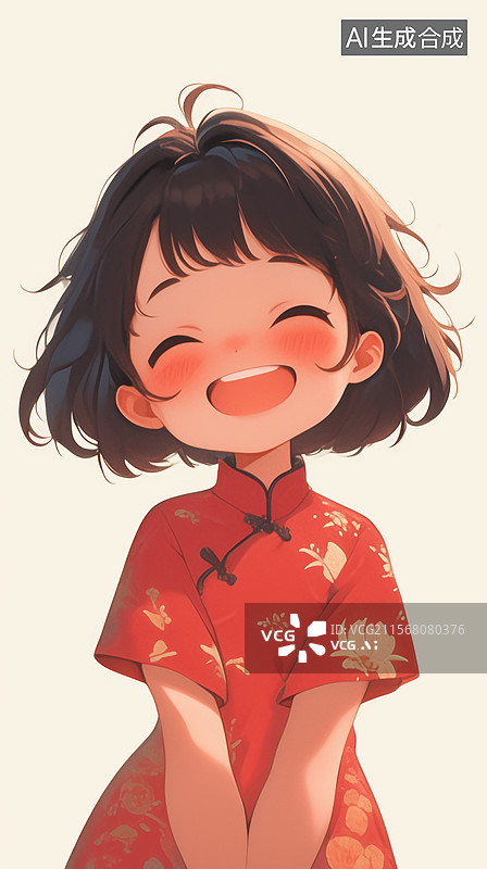 【AI数字艺术】穿着红色旗袍的微笑女孩图片素材