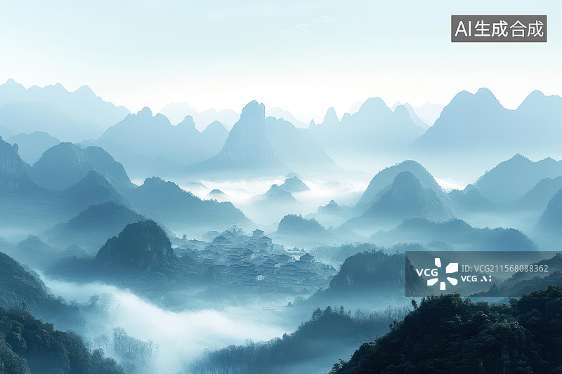 【AI数字艺术】生态保护区的云雾山峦风光图片素材