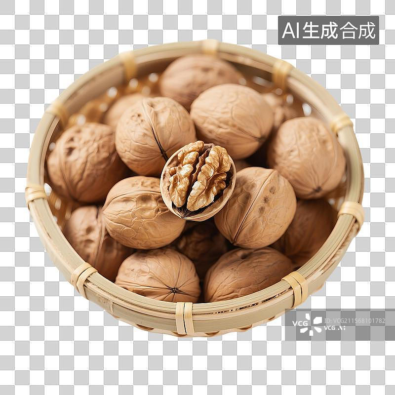 【AI数字艺术】核桃仁，核桃特写，一箩筐核桃，坚果，免抠元素图片素材