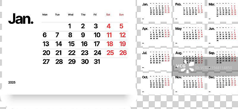 2025年计划日记的每月日历布局图片素材