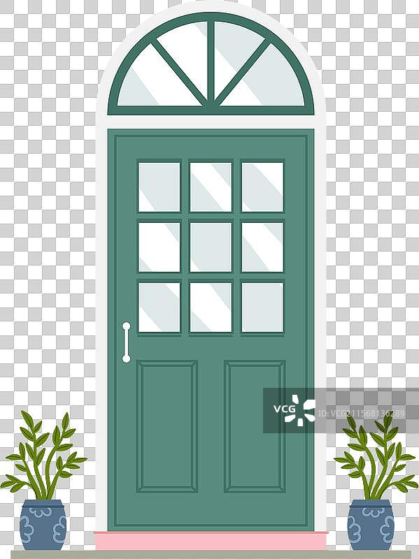 绿色拱形前门，带有门把手和粉色装饰图片素材