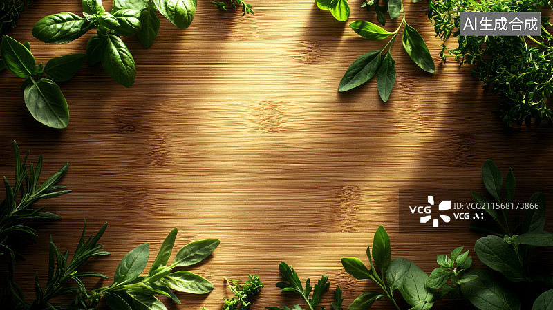 【AI数字艺术】各种新鲜香草铺在木质表面上图片素材