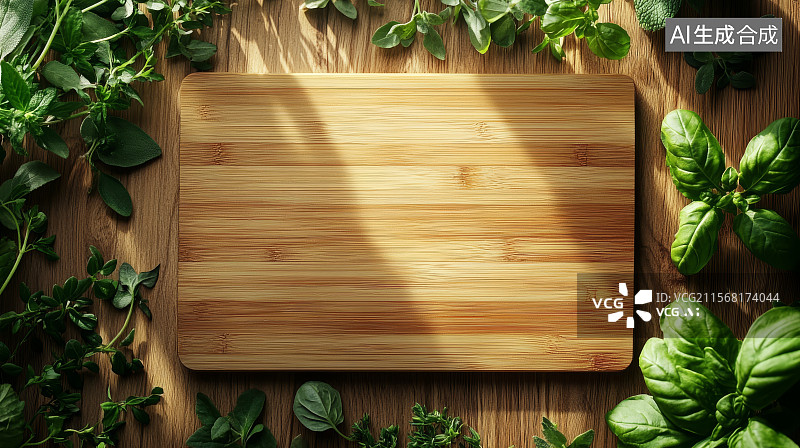 【AI数字艺术】木质砧板与新鲜香草图片素材