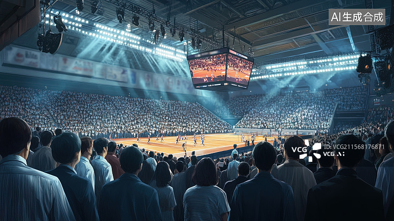 【AI数字艺术】室内篮球场内坐满了观看篮球比赛的观众图片素材