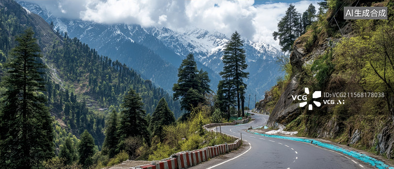 【AI数字艺术】地质公园里的山路，公路，森林，山，雪山图片素材