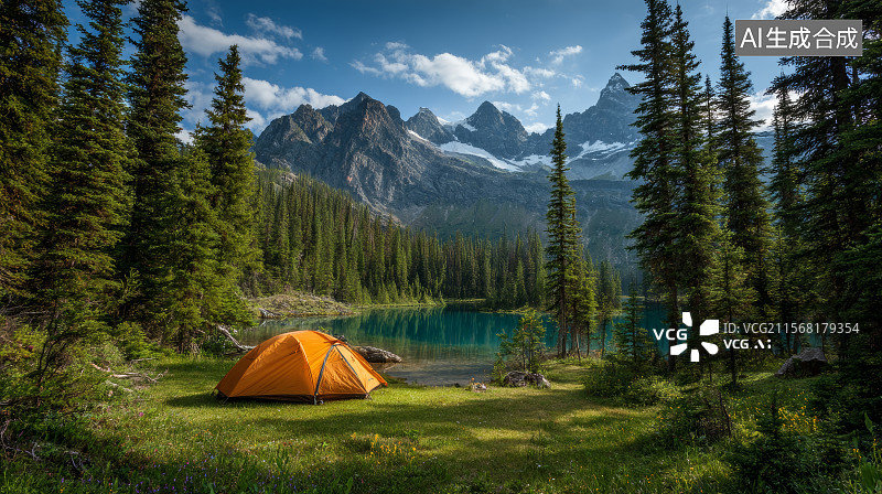【AI数字艺术】雪山湖泊下的露营帐篷图片素材