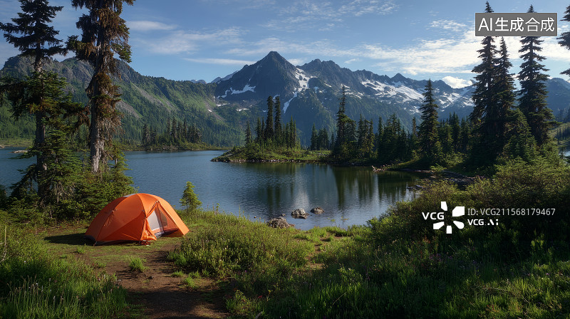 【AI数字艺术】雪山湖泊下的露营帐篷图片素材