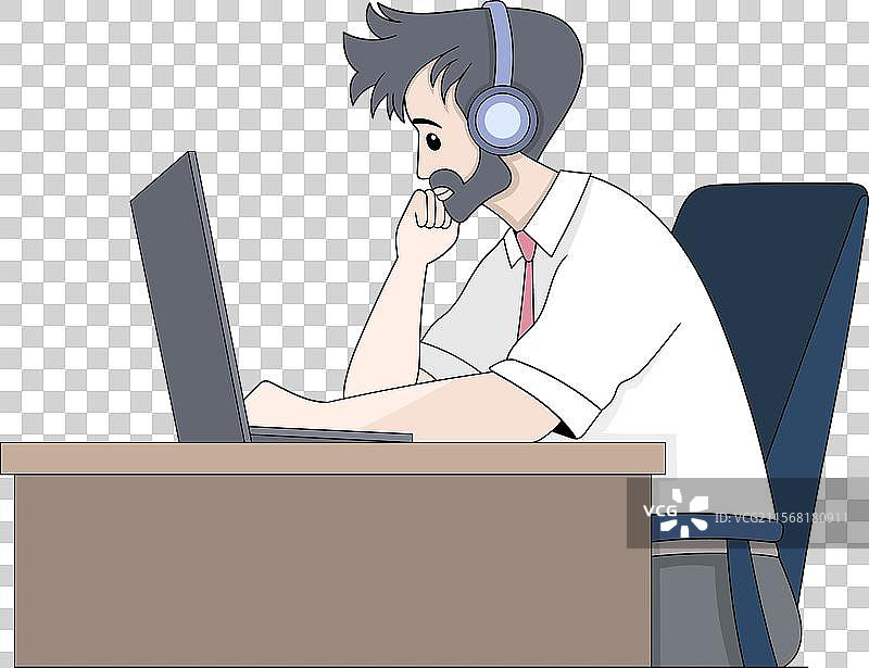 年轻男子戴着耳机在桌子上使用笔记本电脑工作图片素材