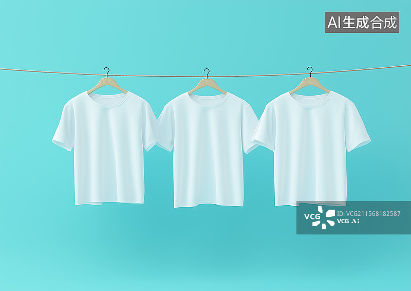 【AI数字艺术】蓝色背景上挂着几件正在晾晒的T恤图片素材