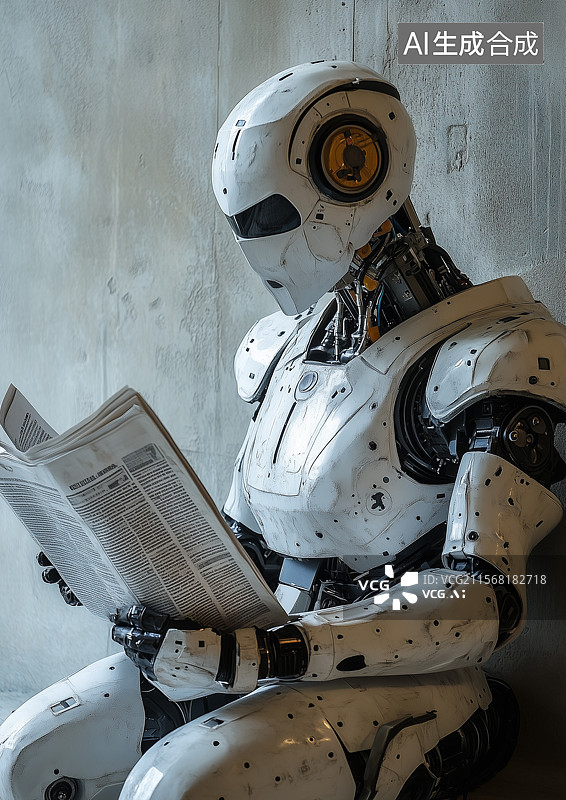 【AI数字艺术】一个机器人正在看报纸图片素材
