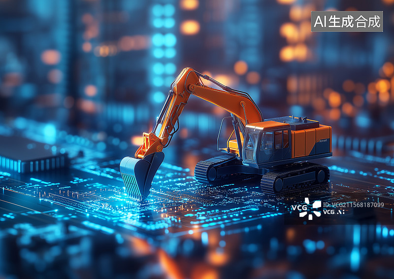 【AI数字艺术】电路板上一个挖掘机模型图片素材