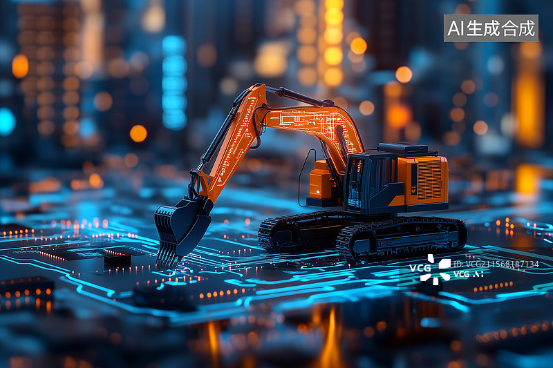 【AI数字艺术】电路板上一个挖掘机模型图片素材
