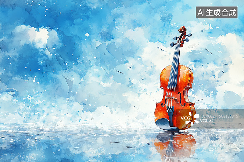 【AI数字艺术】淡蓝色背景上一副小提琴插画图片素材
