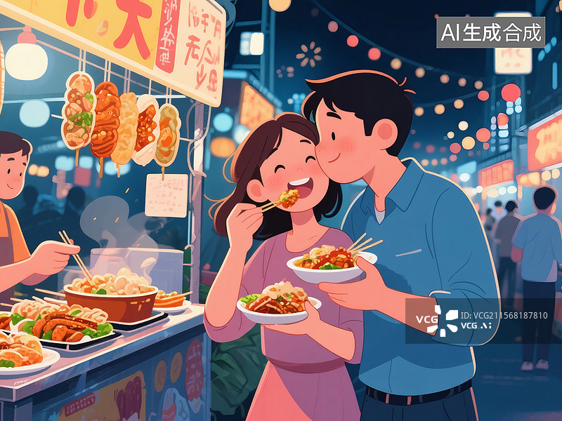 【AI数字艺术】夜市美食情侣共享图片素材