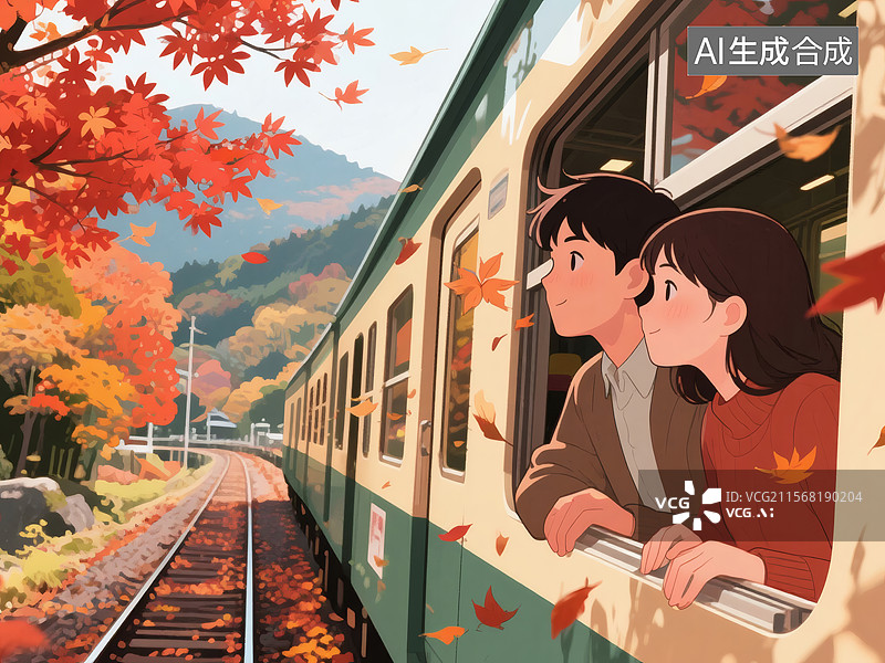 【AI数字艺术】秋日列车上的浪漫情侣图片素材