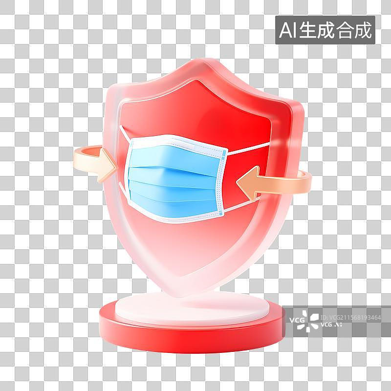 【AI数字艺术】3D红色防护口罩盾牌图标图片素材