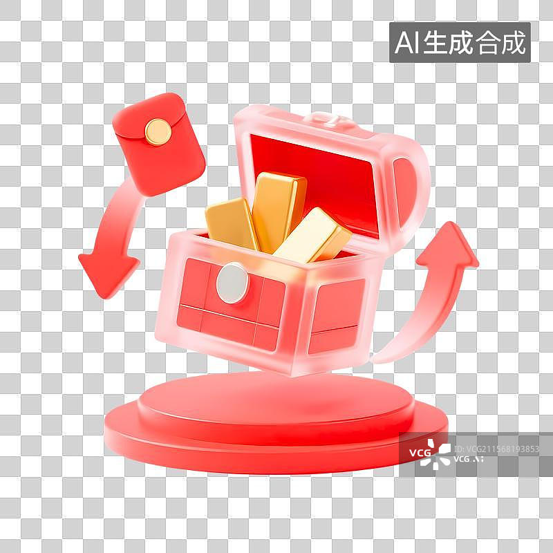 【AI数字艺术】3D红色财富宝箱图标图片素材