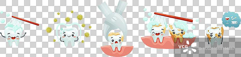 可爱的牙齿角色与微笑的表情组合图片素材