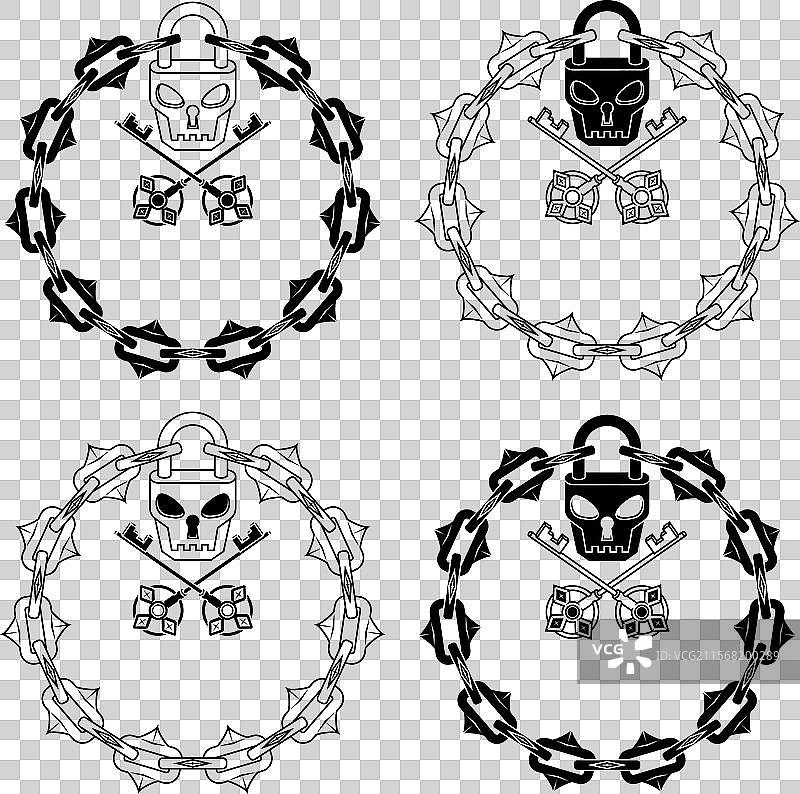 骷髅形状的挂锁，配有钥匙和链条图片素材