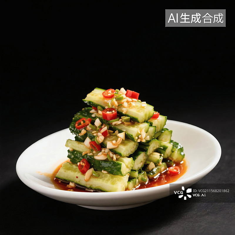 【AI数字艺术】一盘凉拌黄瓜，上面撒有红辣椒圈、蒜末和芝麻，淋有酱汁，摆放在白色圆盘上图片素材