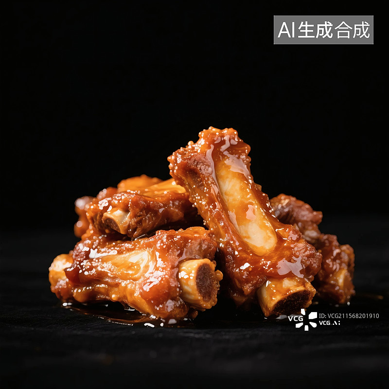 【AI数字艺术】一堆色泽诱人的糖醋排骨，表面光亮，摆放在黑色背景上图片素材