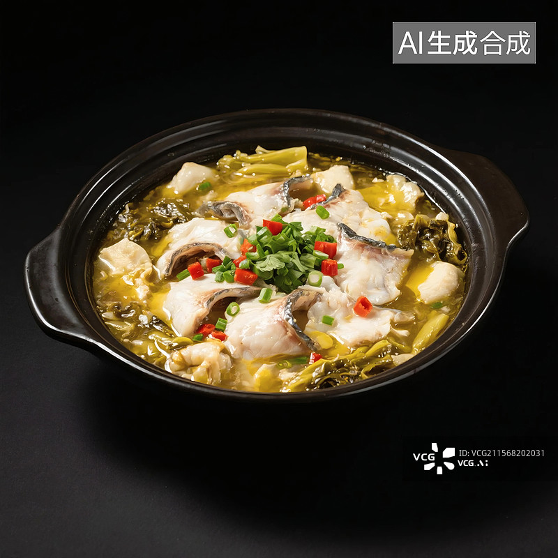 【AI数字艺术】黑色砂锅中盛满酸菜鱼，鱼肉鲜嫩，汤色金黄，点缀着葱花和红辣椒图片素材