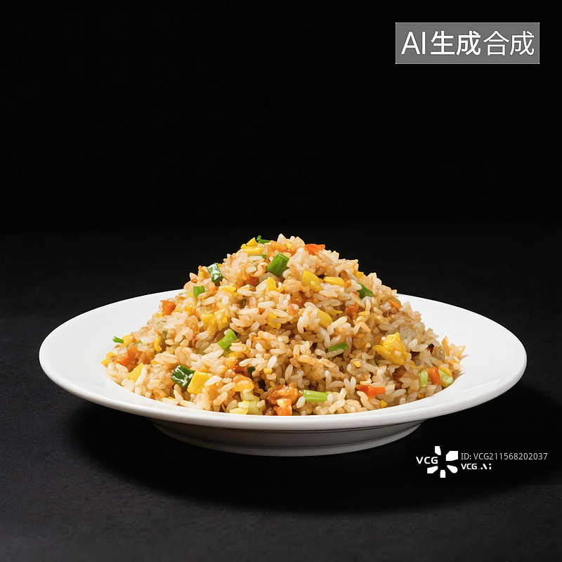 【AI数字艺术】一盘色彩丰富的炒饭，包含鸡蛋、胡萝卜和青葱，盛放在白色圆盘中，背景为黑色图片素材