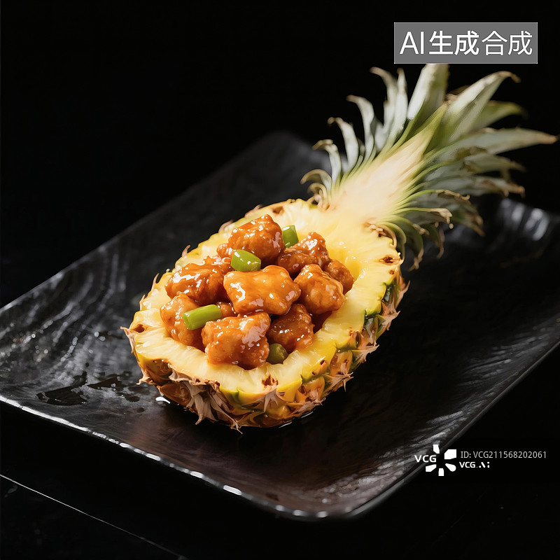 【AI数字艺术】菠萝盛着糖醋排骨，搭配青椒，置于黑色方形盘子上，背景为黑色图片素材