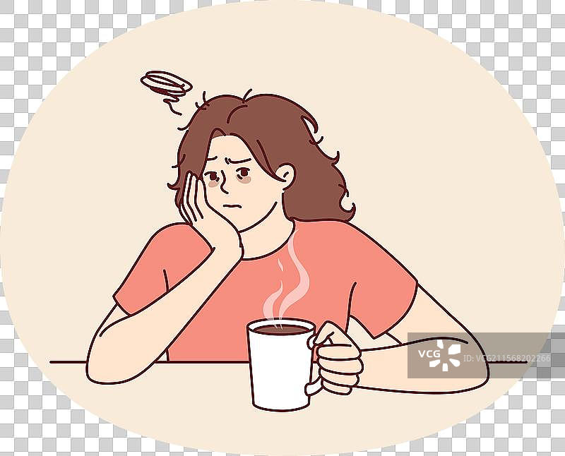 疲惫的女人面带忧伤，喝着热咖啡。图片素材