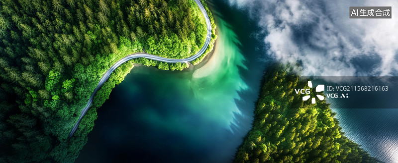 【AI数字艺术】蜿蜒公路穿越森林湖泊图片素材