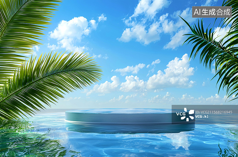【AI数字艺术】【AI数字艺术】蓝色大海背景上的电子商务产品展示台，蓝天白云和棕榈叶，广告背景图，展示空间，展台图片素材