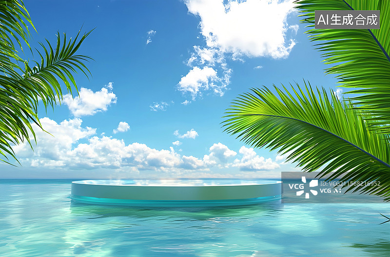 【AI数字艺术】【AI数字艺术】蓝色大海背景上的电子商务产品展示台，蓝天白云和棕榈叶，广告背景图，展示空间，展台图片素材