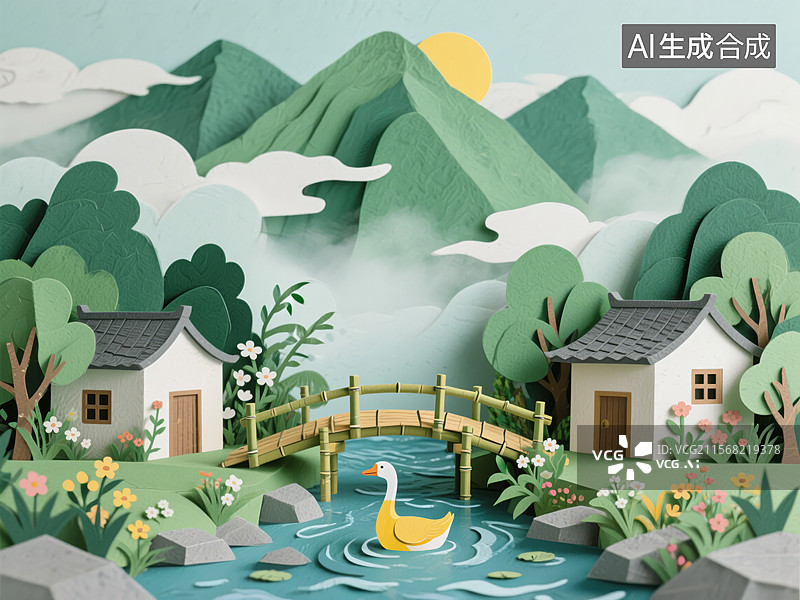 【AI数字艺术】纸艺山水田园风光图片素材