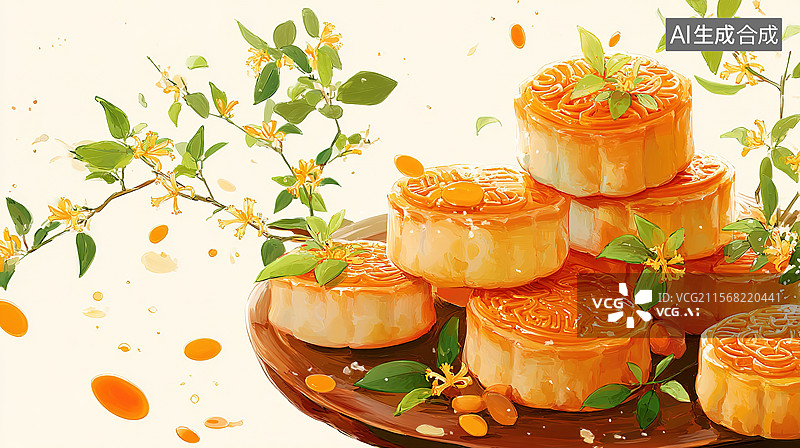 【AI数字艺术】中国传统节日中秋节金桂月饼插画；月饼插画背景；中国传统文化中秋节插画背景壁纸图片素材