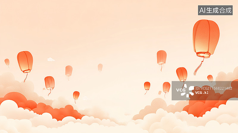 【AI数字艺术】中国传统文化节日放飞孔明灯祈福祈愿插画背景；传统文化新年中秋节团圆祈福插画背景壁纸图片素材