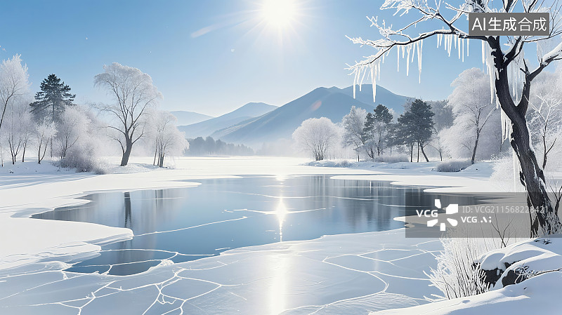 【AI数字艺术】冬至节气，冬季湖面结冰，阳光照耀，树木挂满冰凌，远处山峦若隐若现图片素材