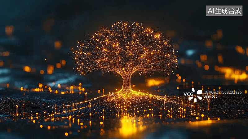 【AI数字艺术】金色科技生命之树图片素材