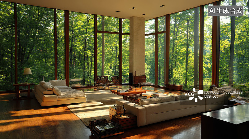 【AI数字艺术】现代客厅与森林景观图片素材